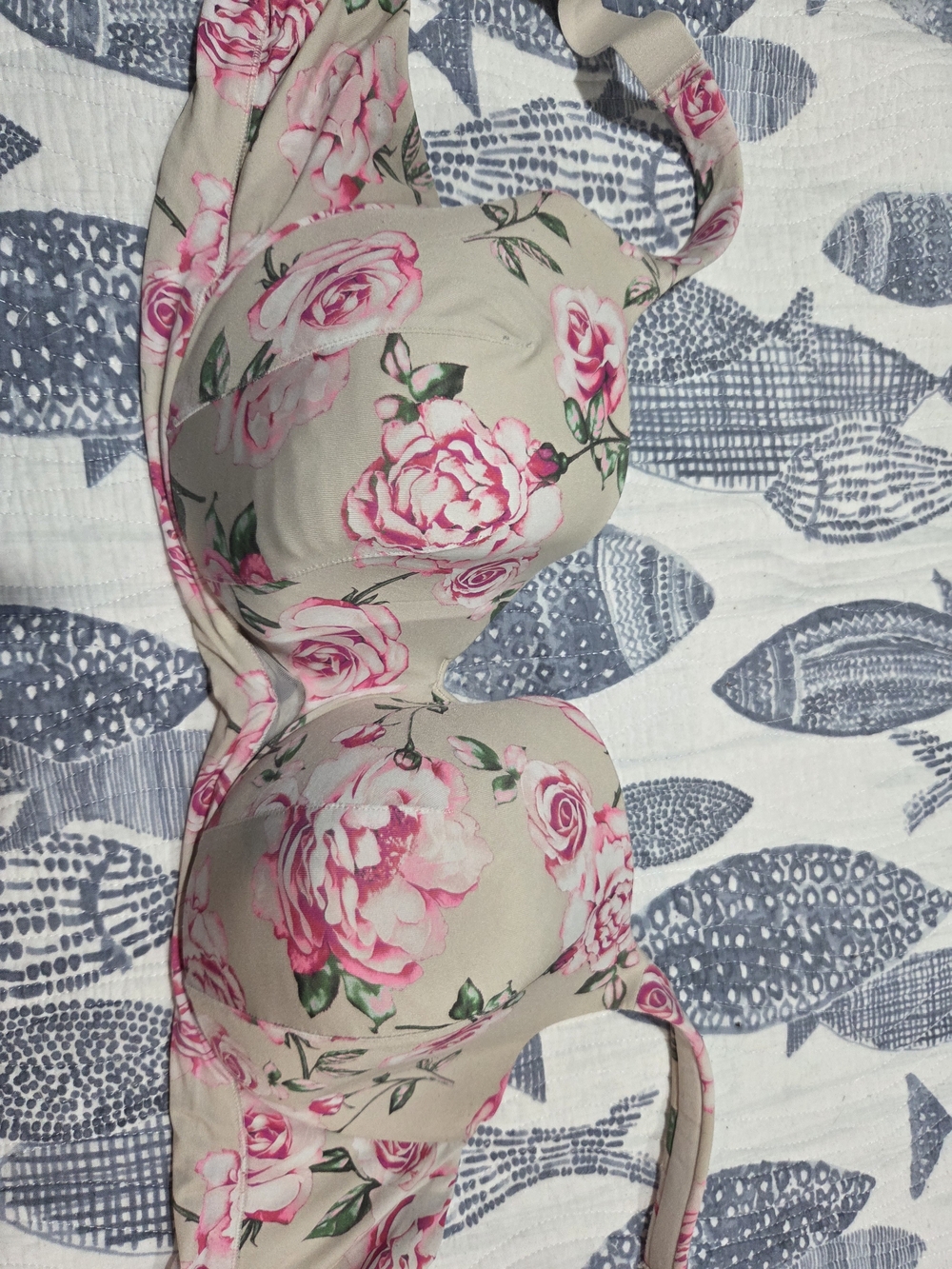 Cacique Beige Bra with Pink Rose Floral Print